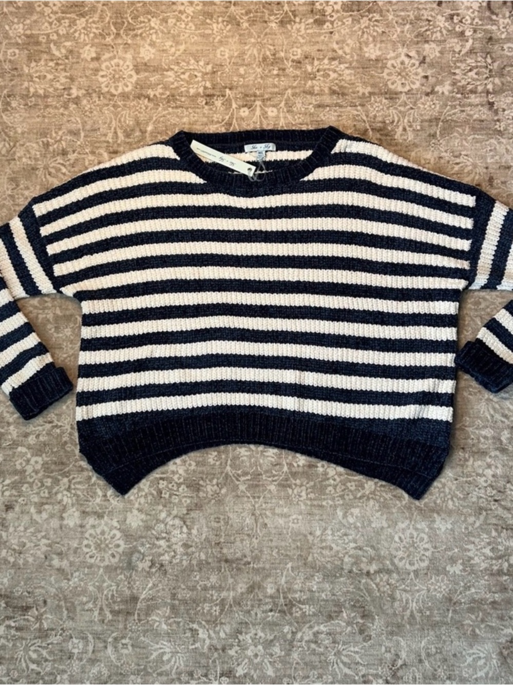 She + Sky Navy and White Striped Crewneck Sweater
